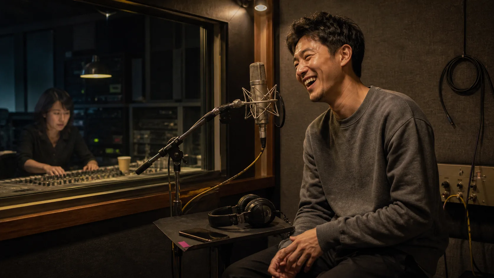 A man recording a laugh in a blue-lit audio booth.
