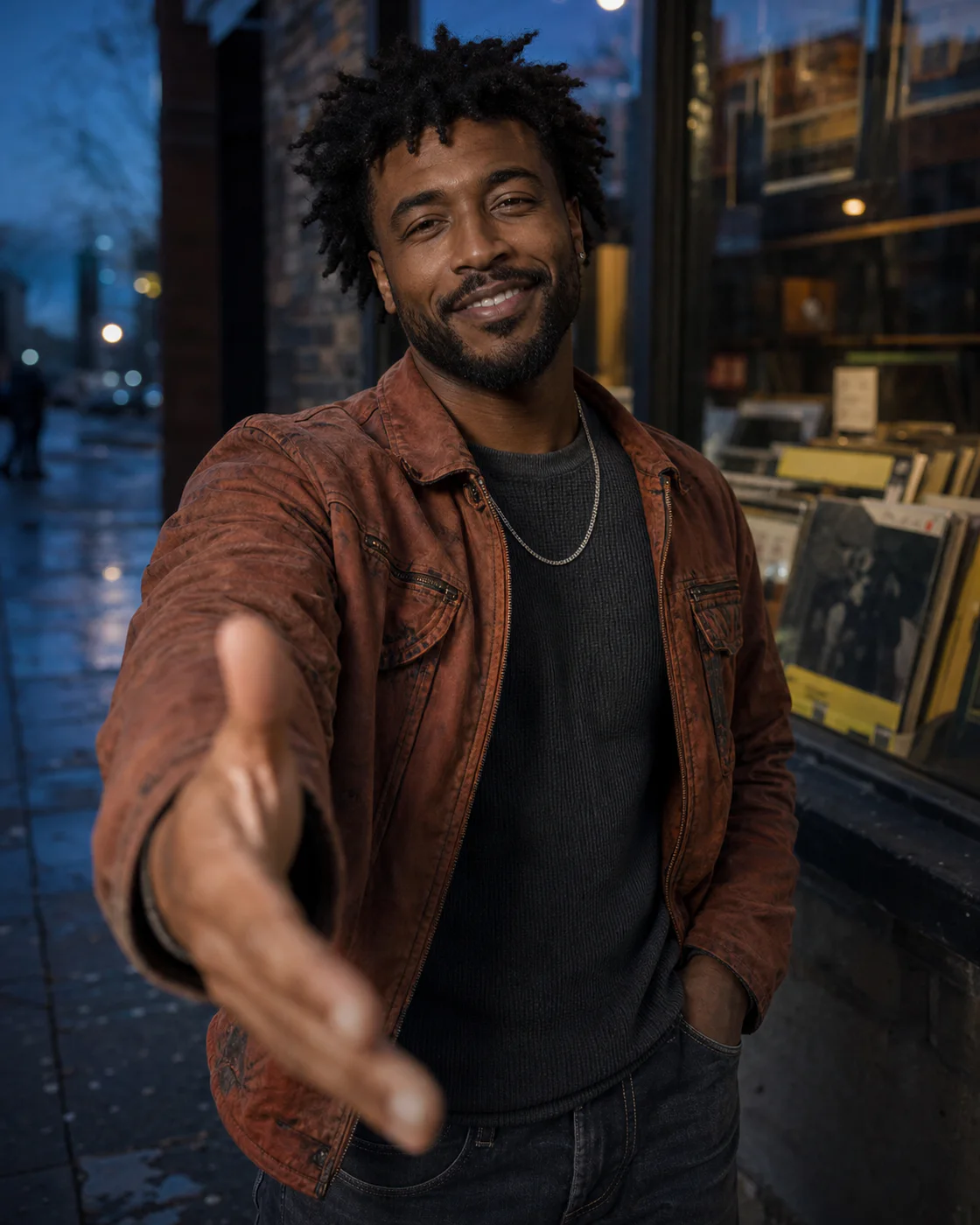 Darius Moss in a rust jacket outside a record shop, reaching forward to offer a dap.