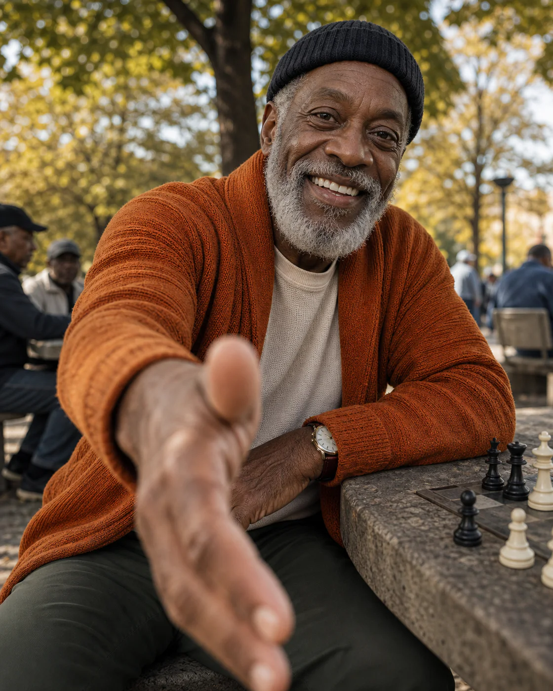 Earl Freeman in a burnt-orange cardigan at a park chess table, reaching forward to offer a dap.