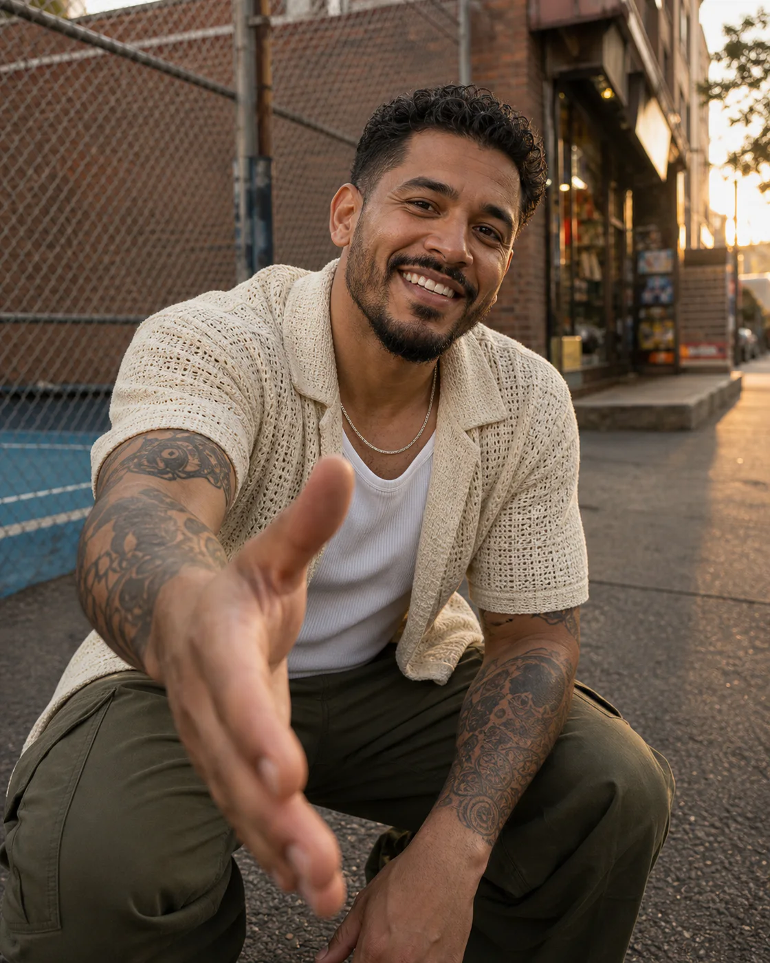 Mateo Cruz in a cream knit shirt beside a handball court, reaching forward to offer a dap.