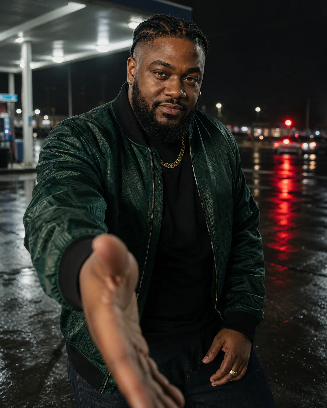 Reggie Okoye in an emerald bomber at a rain-wet Houston forecourt, reaching forward to offer a dap.