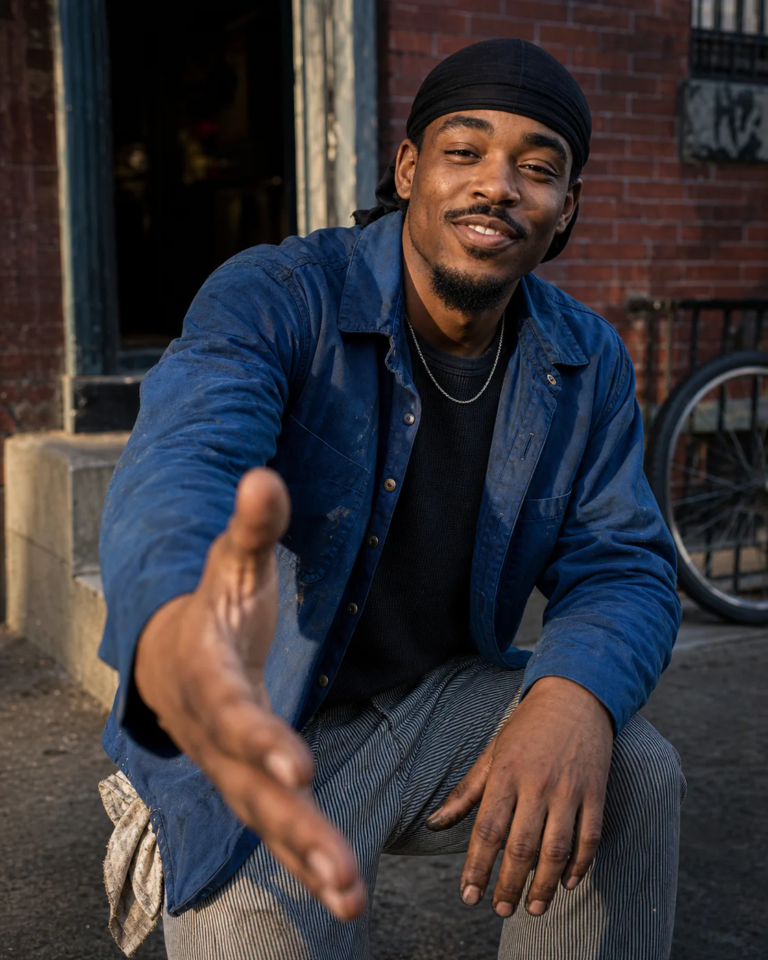Tremaine Holloway in a blue work jacket outside a Philadelphia bike shop, reaching forward to offer a dap.